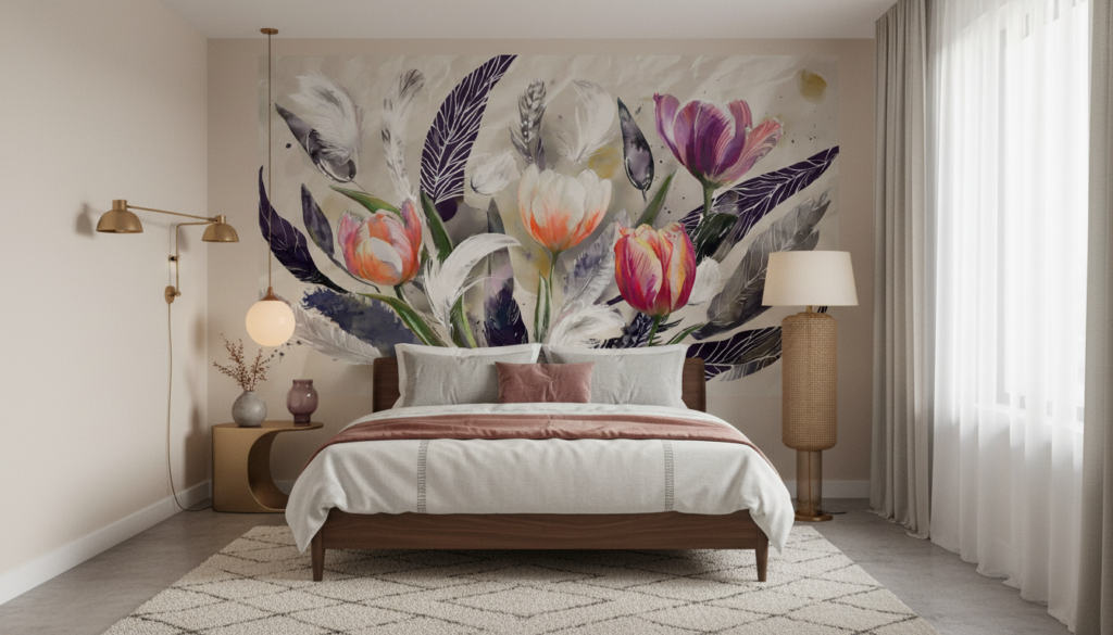 Papier Peint Tulipes Aquarelle et Plumes Bohème Chic - Chambre adulte