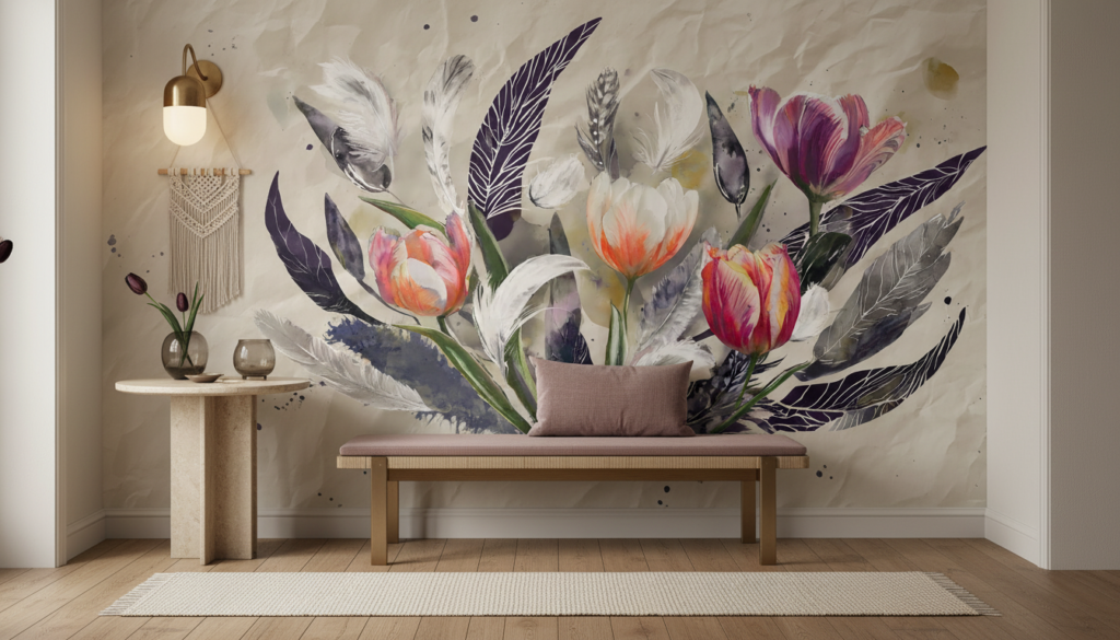 Papier Peint Tulipes Aquarelle et Plumes Bohème Chic - Entrée