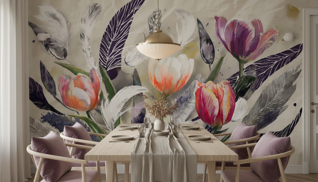 Papier Peint Tulipes Aquarelle et Plumes Bohème Chic - Salle à manger