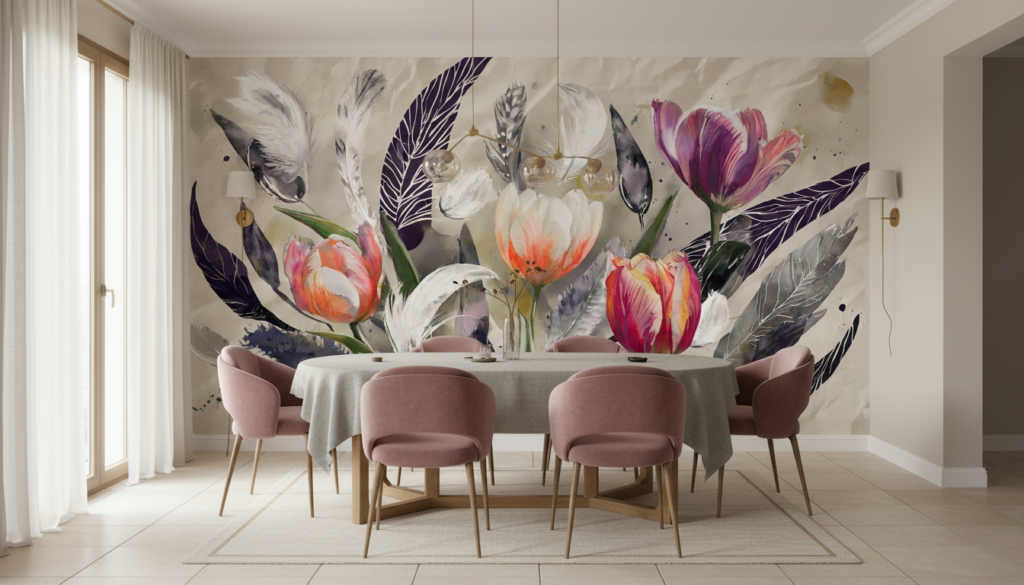 Papier Peint Tulipes Aquarelle et Plumes Bohème Chic - Salle à manger