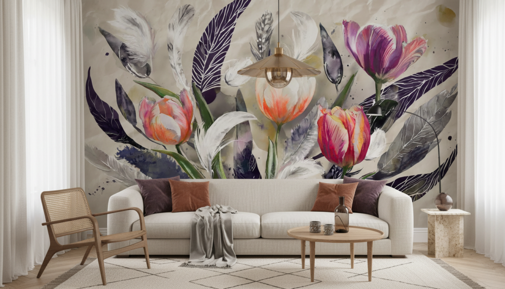 Papier Peint Tulipes Aquarelle et Plumes Bohème Chic - Salon / Séjour