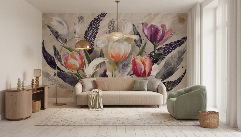 Papier Peint Tulipes Aquarelle et Plumes Bohème Chic - Salon / Séjour
