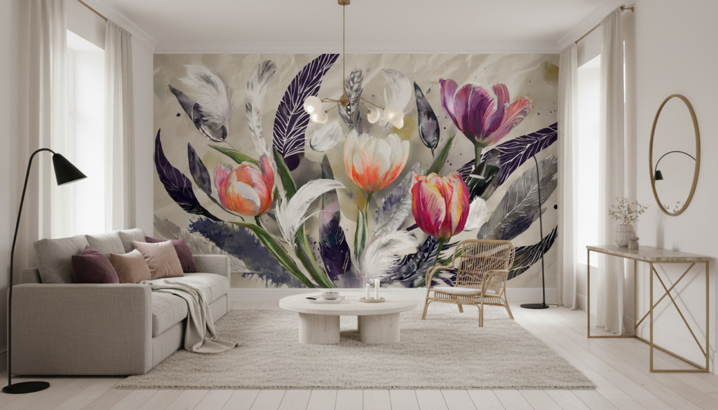 Papier Peint Tulipes Aquarelle et Plumes Bohème Chic - Salon / Séjour