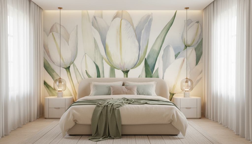 Papier Peint Tulipes Blanches Aquarelle Élégante Florale Romantique - Chambre adulte