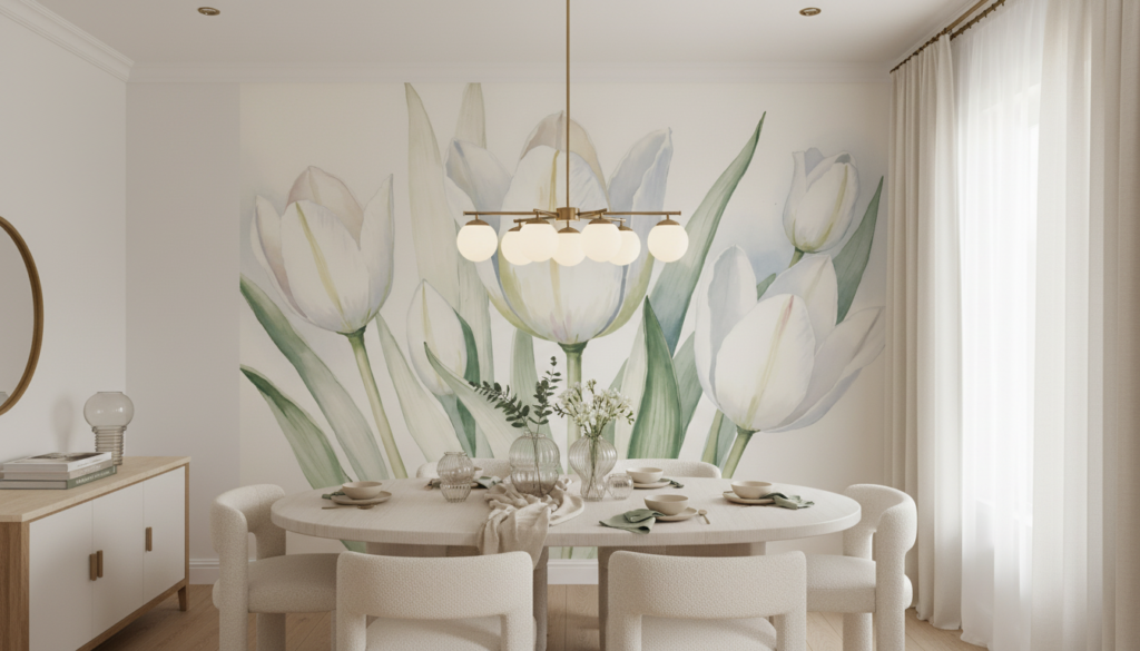 Papier Peint Tulipes Blanches Aquarelle Élégante Florale Romantique - Salle à manger
