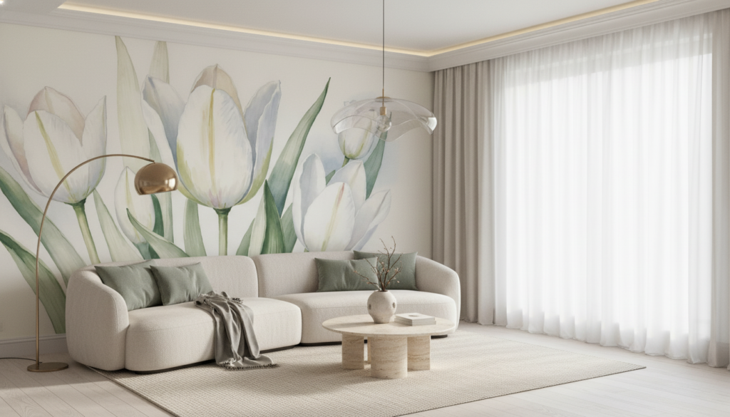 Papier Peint Tulipes Blanches Aquarelle Élégante Florale Romantique - Salon / Séjour