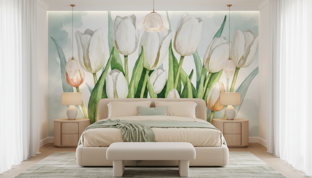 Papier Peint Tulipes Blanches Aquarelle Jardin Romantique Naturel - Chambre adulte