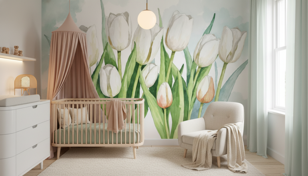 Papier Peint Tulipes Blanches Aquarelle Jardin Romantique Naturel - Chambre bébé