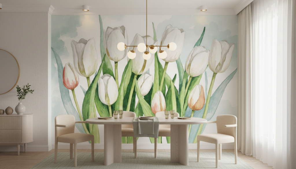 Papier Peint Tulipes Blanches Aquarelle Jardin Romantique Naturel - Salle à manger