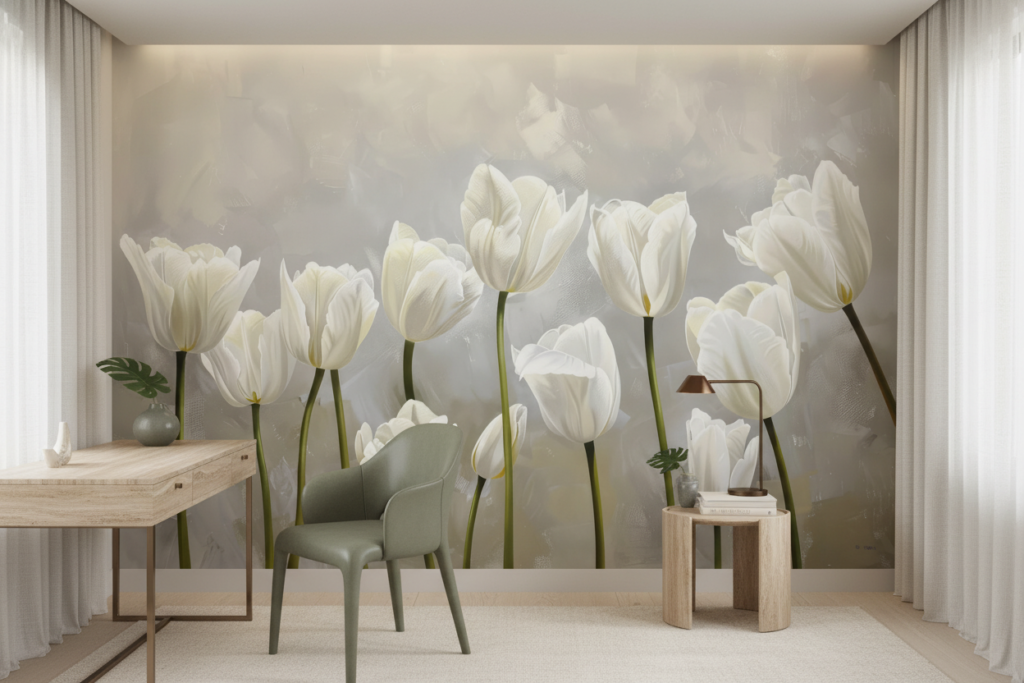 Papier Peint Tulipes Blanches Élégantes sur Fond Artistique Beige - Bureau