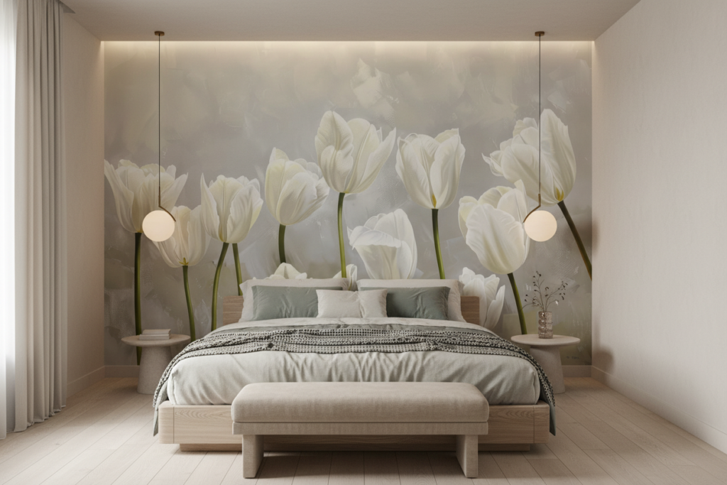 Papier Peint Tulipes Blanches Élégantes sur Fond Artistique Beige - Chambre adulte