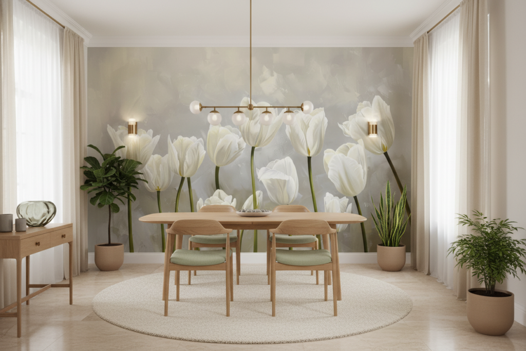 Papier Peint Tulipes Blanches Élégantes sur Fond Artistique Beige - Salle à manger
