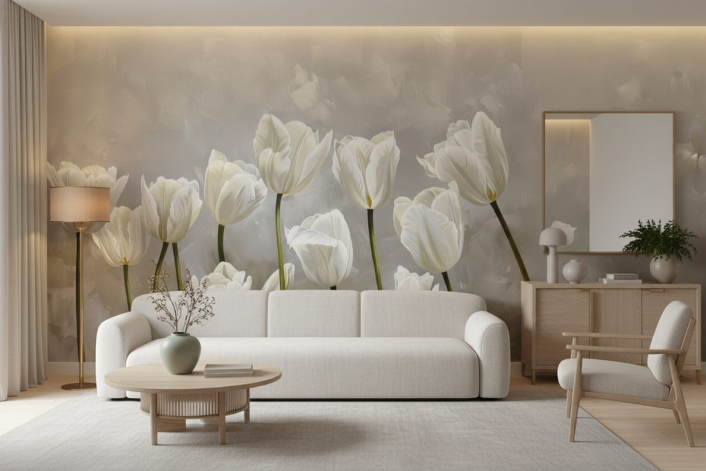 Papier Peint Tulipes Blanches Élégantes sur Fond Artistique Beige - Salon / Séjour