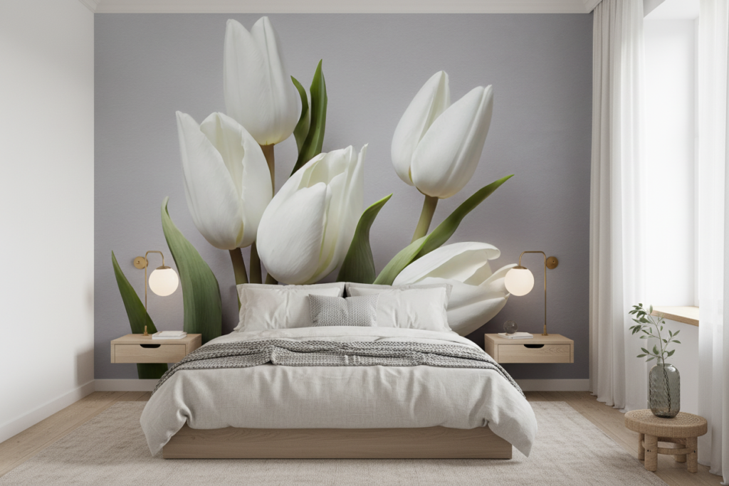 Papier peint tulipes blanches élégantes sur fond gris moderne - Chambre adulte