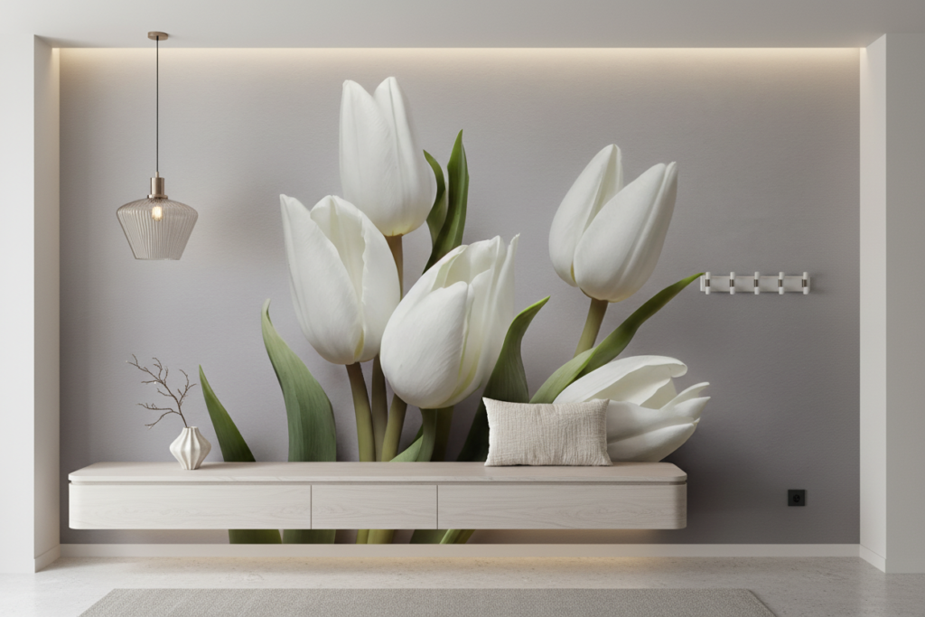 Papier peint tulipes blanches élégantes sur fond gris moderne - Entrée