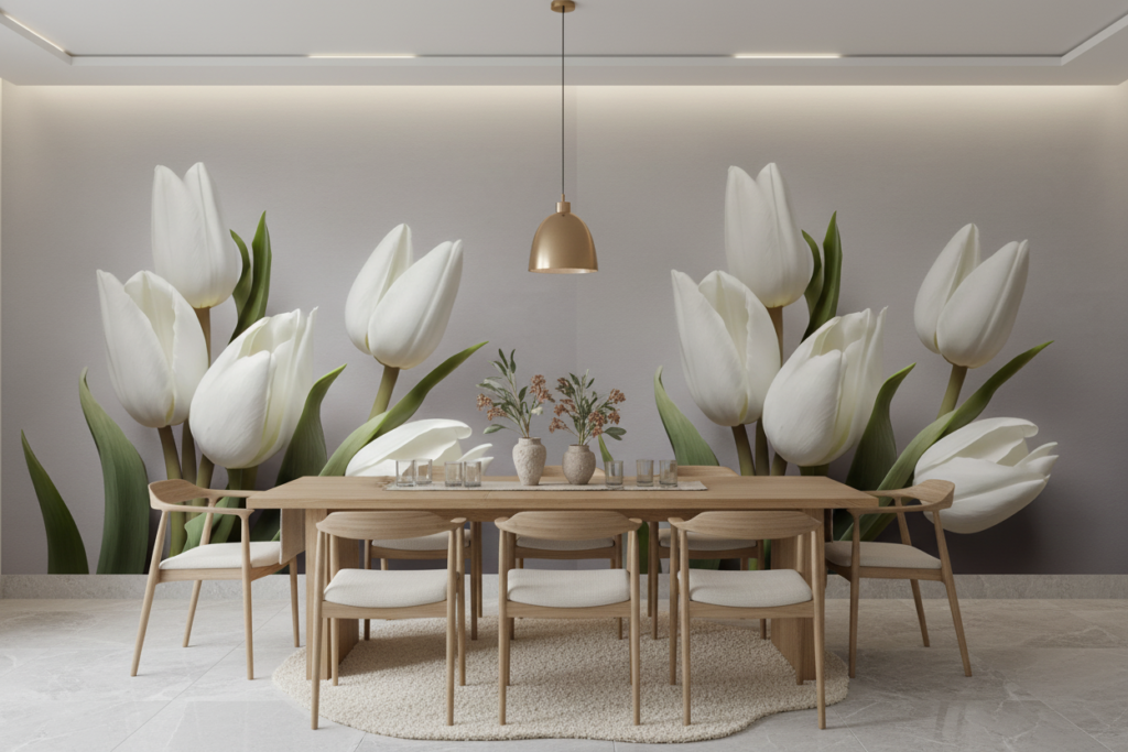 Papier peint tulipes blanches élégantes sur fond gris moderne - Salle à manger