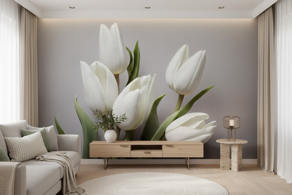 Papier peint tulipes blanches élégantes sur fond gris moderne - Salon / Séjour