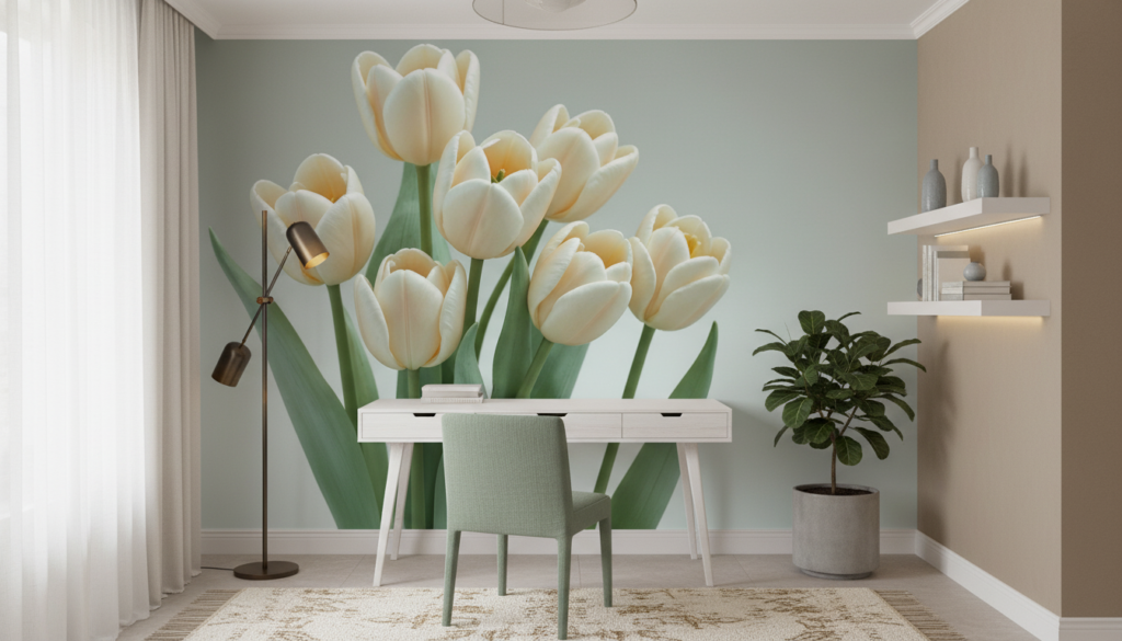 Papier peint tulipes blanches élégantes sur fond neutre délicat - Bureau