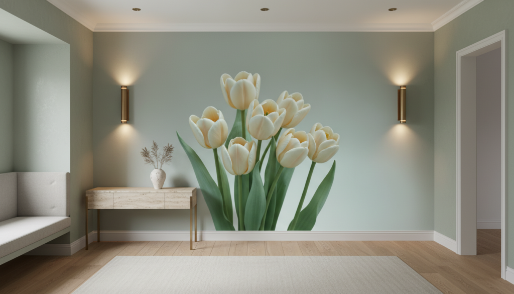 Papier peint tulipes blanches élégantes sur fond neutre délicat - Entrée