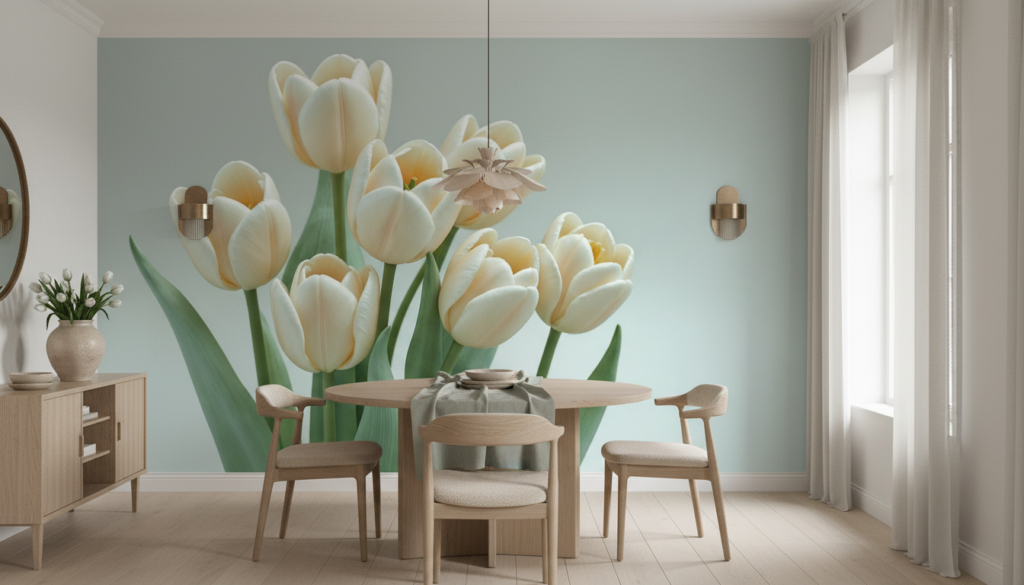 Papier peint tulipes blanches élégantes sur fond neutre délicat - Salle à manger