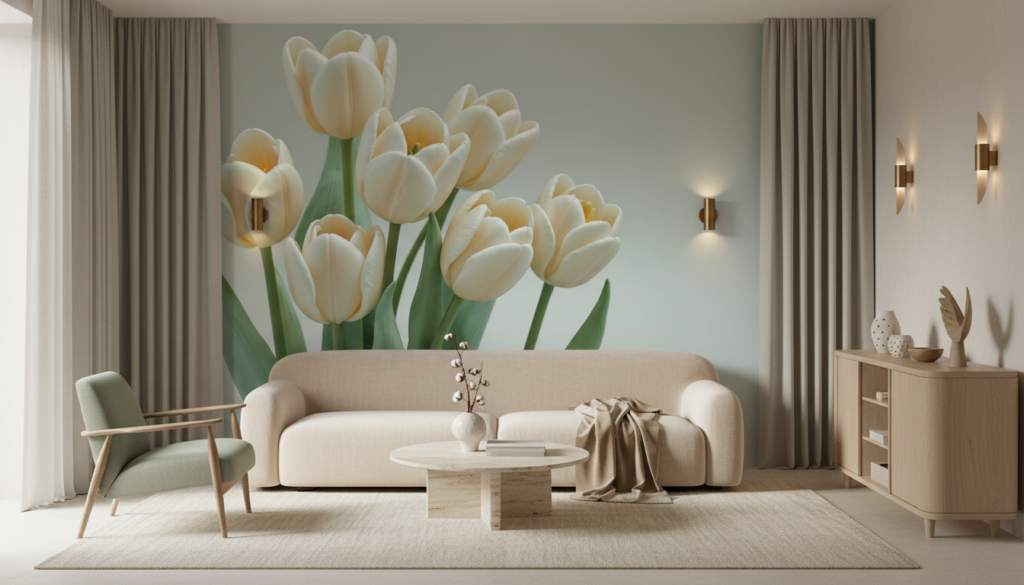 Papier peint tulipes blanches élégantes sur fond neutre délicat - Salon / Séjour