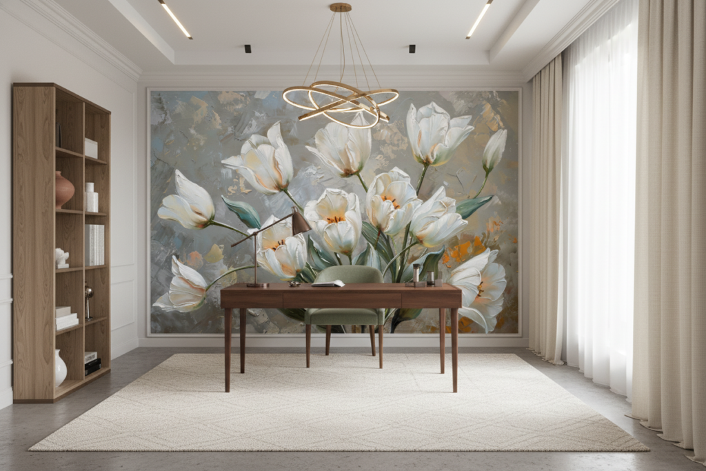 Papier Peint Tulipes Blanches Élégantes sur Fond Texturé Artistique - Bureau