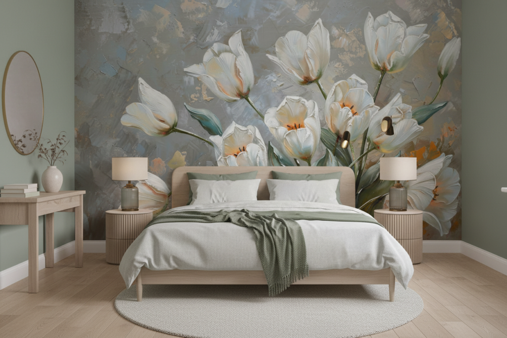 Papier Peint Tulipes Blanches Élégantes sur Fond Texturé Artistique - Chambre adulte