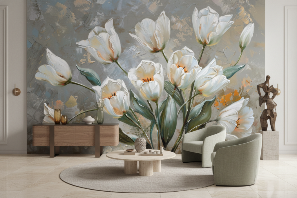 Papier Peint Tulipes Blanches Élégantes sur Fond Texturé Artistique - Entrée