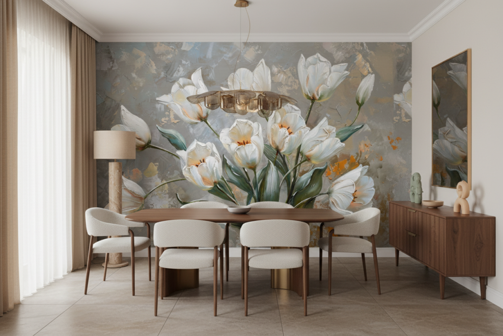 Papier Peint Tulipes Blanches Élégantes sur Fond Texturé Artistique - Salle à manger