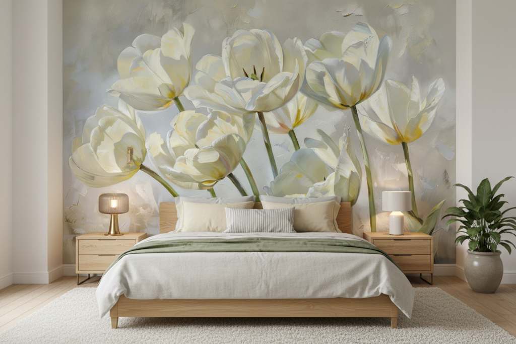 Papier peint tulipes blanches délicates style peinture artistique - Chambre adulte