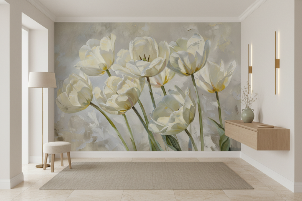 Papier peint tulipes blanches délicates style peinture artistique - Entrée