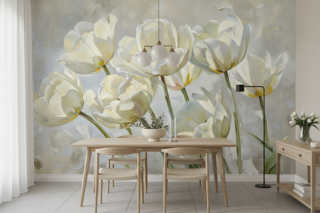 Papier peint tulipes blanches délicates style peinture artistique - Salle à manger