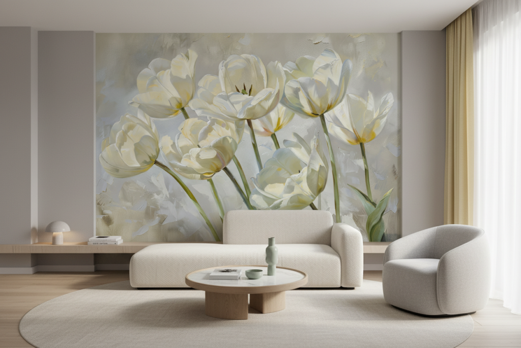 Papier peint tulipes blanches délicates style peinture artistique - Salon / Séjour
