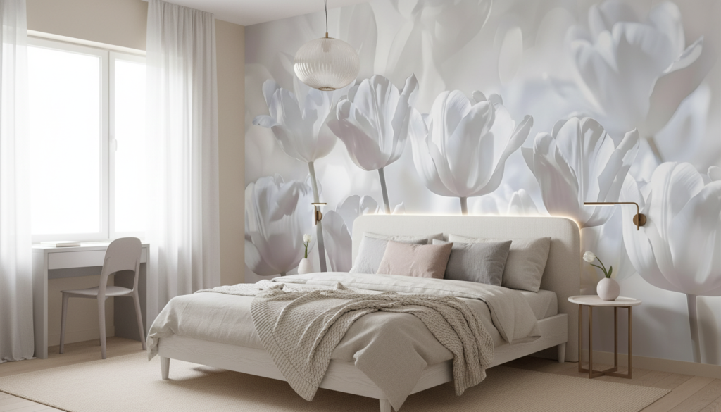 Papier peint tulipes blanches délicates style romantique et épuré - Chambre ado