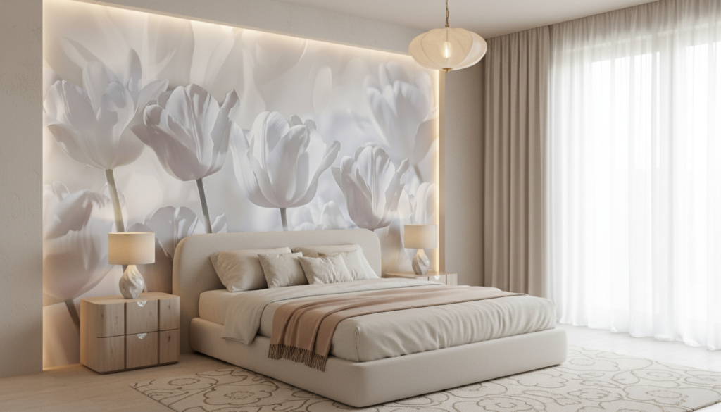 Papier peint tulipes blanches délicates style romantique et épuré - Chambre adulte