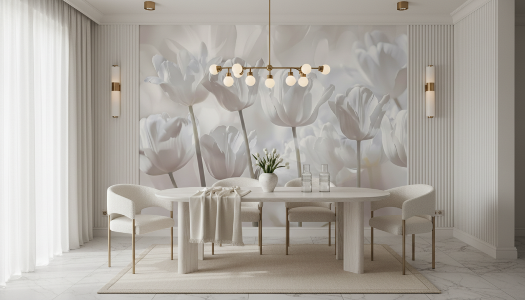 Papier peint tulipes blanches délicates style romantique et épuré - Salle à manger