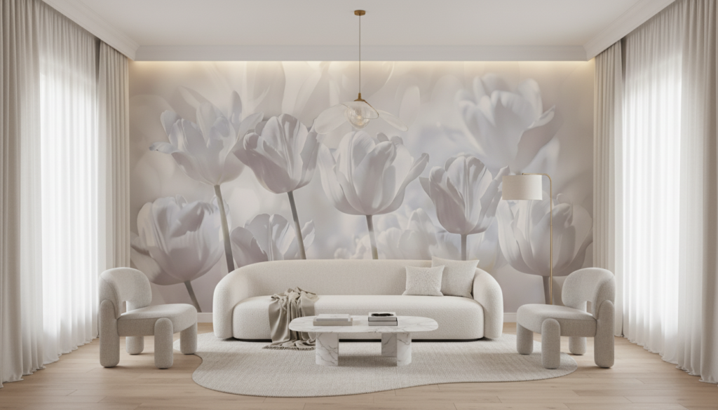 Papier peint tulipes blanches délicates style romantique et épuré - Salon / Séjour