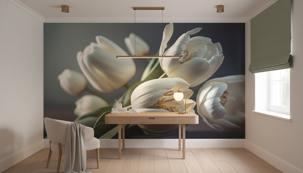 Papier Peint Tulipes Blanches Élégantes sur Fond Gris Doux - Bureau