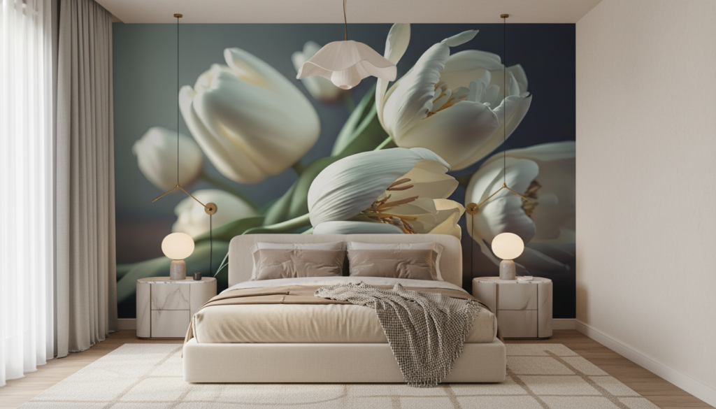 Papier Peint Tulipes Blanches Élégantes sur Fond Gris Doux - Chambre adulte