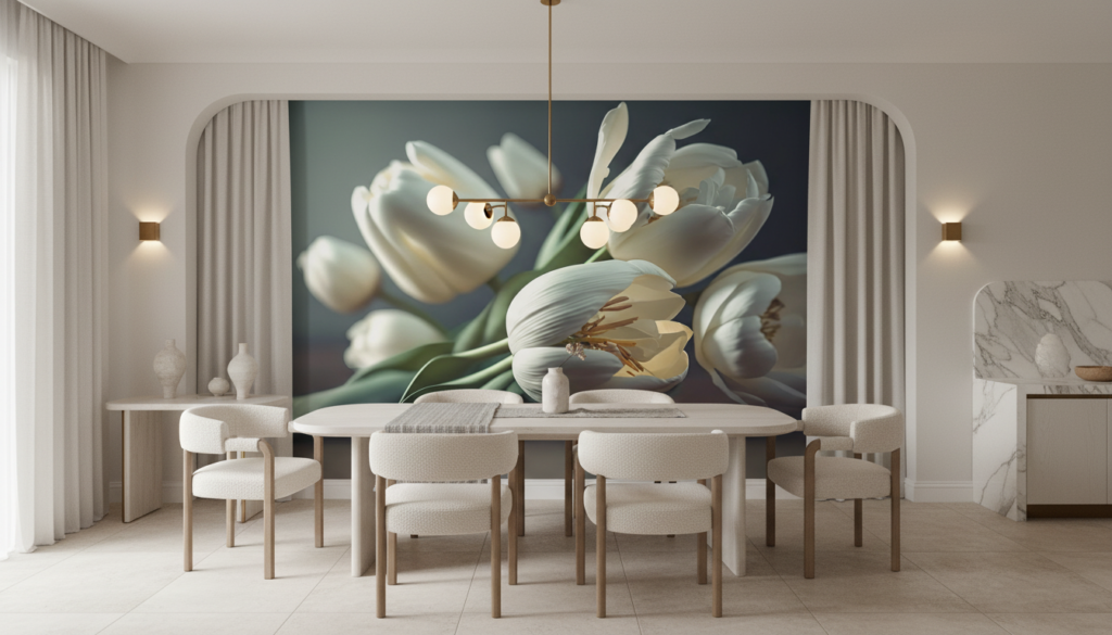 Papier Peint Tulipes Blanches Élégantes sur Fond Gris Doux - Salle à manger