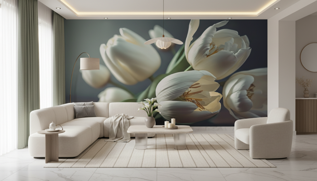 Papier Peint Tulipes Blanches Élégantes sur Fond Gris Doux - Salon / Séjour