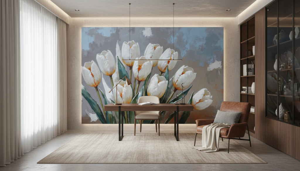 Papier peint tulipes blanches élégantes sur fond texturé gris bleu - Bureau