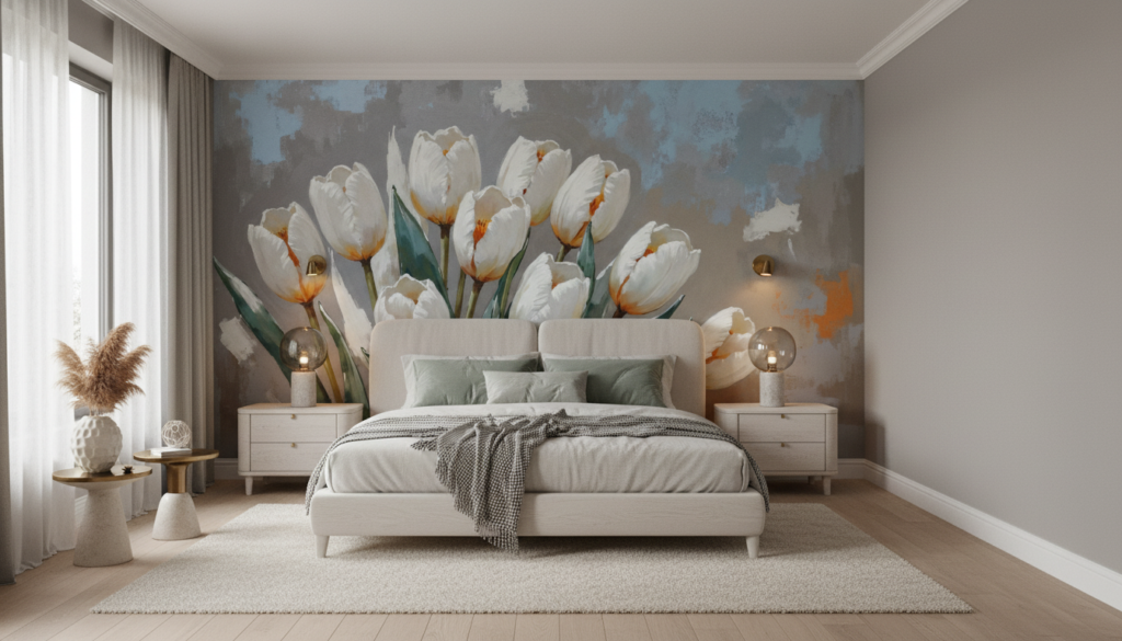 Papier peint tulipes blanches élégantes sur fond texturé gris bleu - Chambre adulte