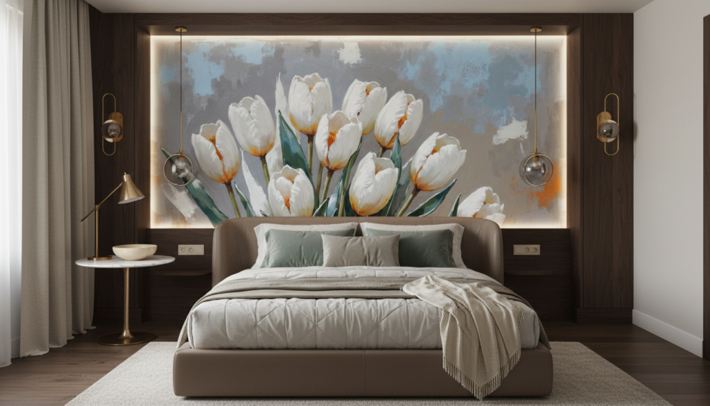 Papier peint tulipes blanches élégantes sur fond texturé gris bleu - Hôtel