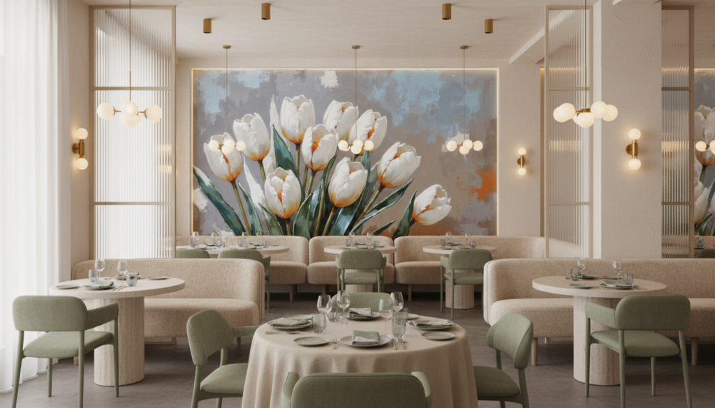 Papier peint tulipes blanches élégantes sur fond texturé gris bleu - Restaurant