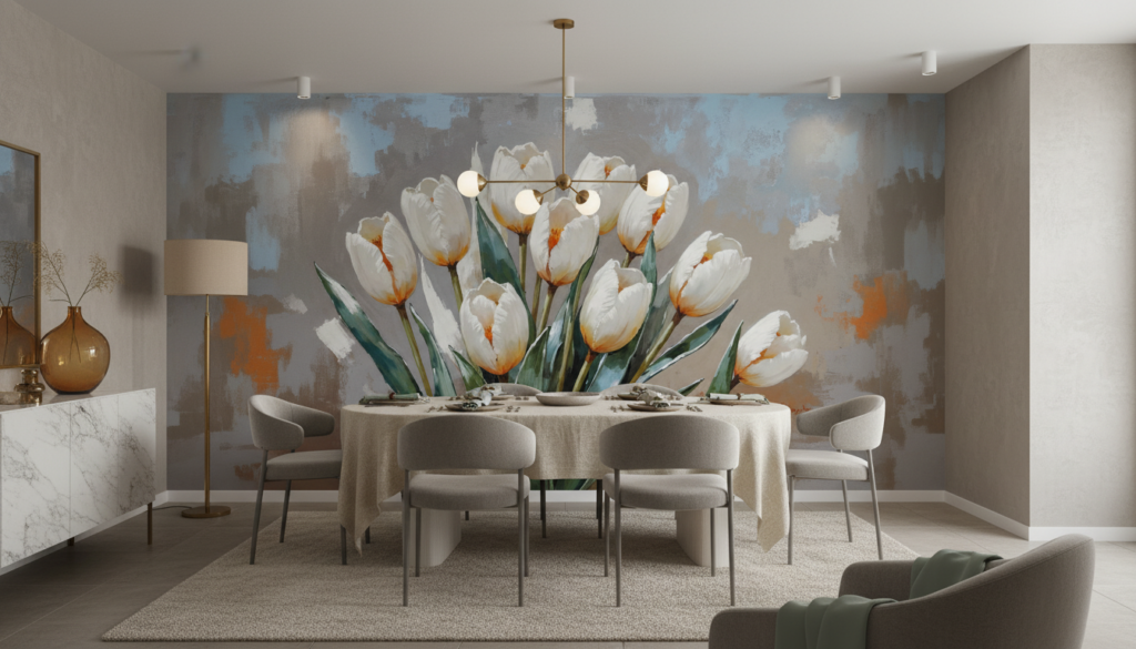 Papier peint tulipes blanches élégantes sur fond texturé gris bleu - Salle à manger