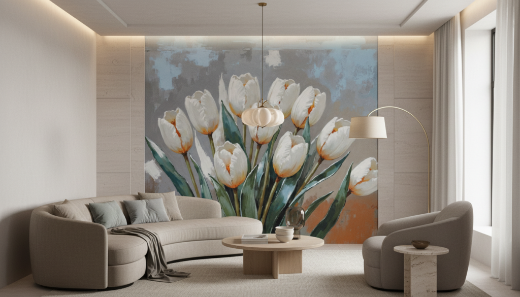 Papier peint tulipes blanches élégantes sur fond texturé gris bleu - Salon / Séjour