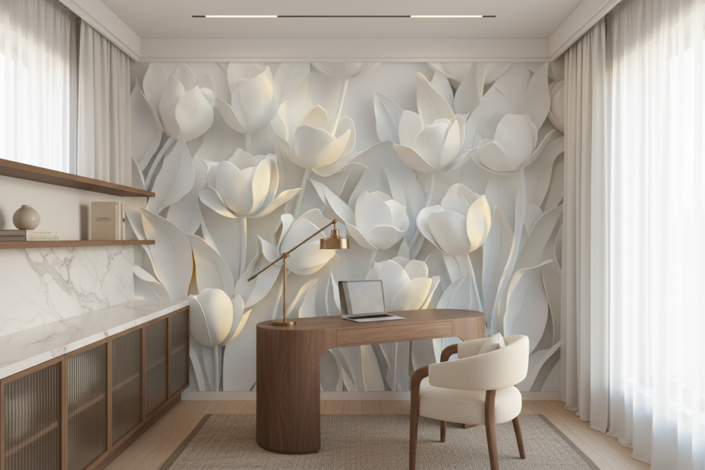 Papier peint tulipes blanches et beiges style moderne élégant - Bureau