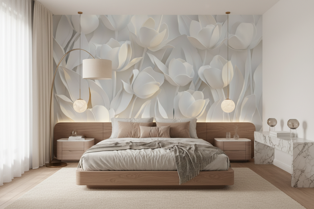 Papier peint tulipes blanches et beiges style moderne élégant - Chambre adulte