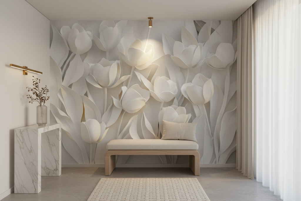 Papier peint tulipes blanches et beiges style moderne élégant - Entrée